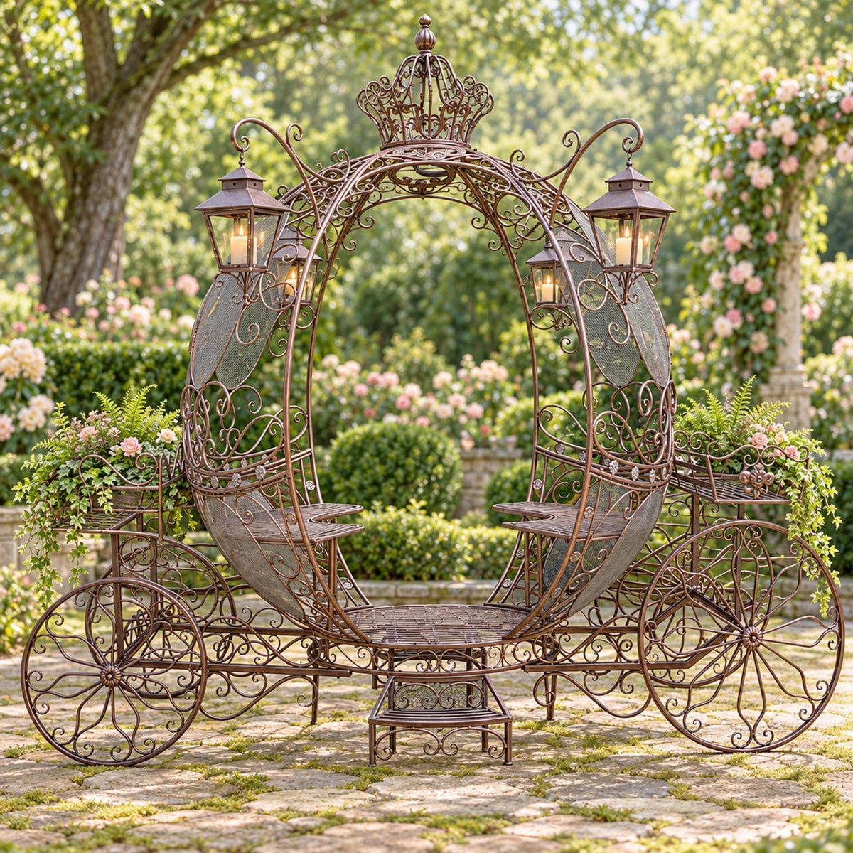 Front view of the iron carriage with two seats, four lanterns and decorative wheels