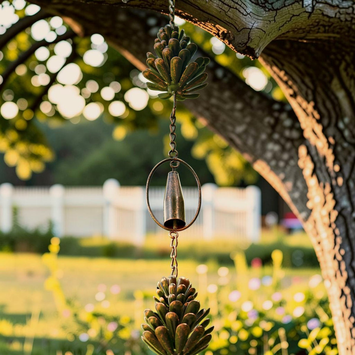 Close view of a pinecone ornament, linked chain, and oval cup hanging beneath a tree branch.