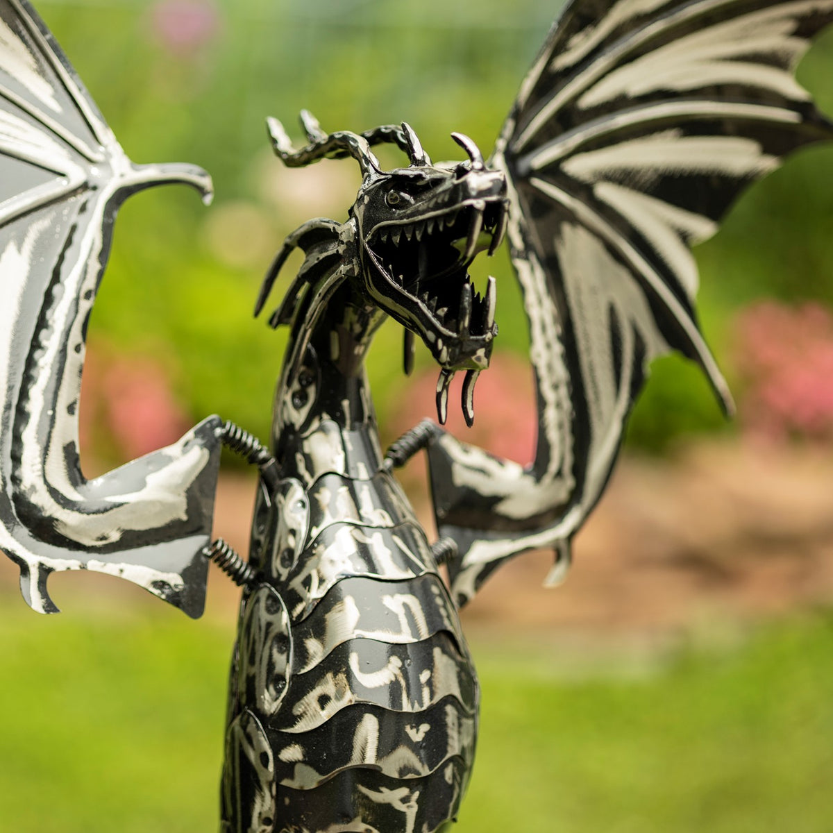 Close-up of the dragon's patterned body and open mouth framed by its broad wings.
