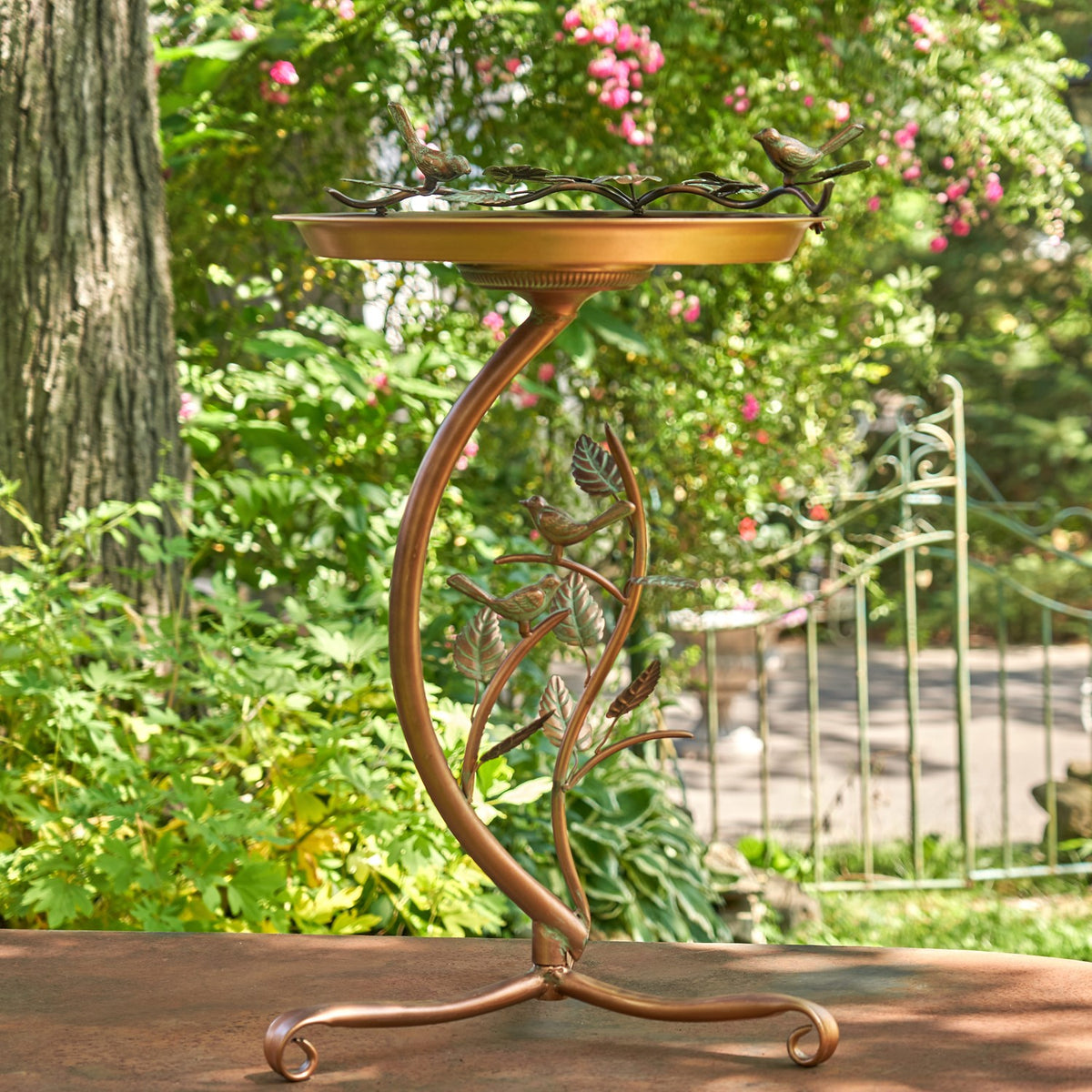 Birdbath shown in profile, highlighting its curved stand, leaf accents, and curled feet in a garden.