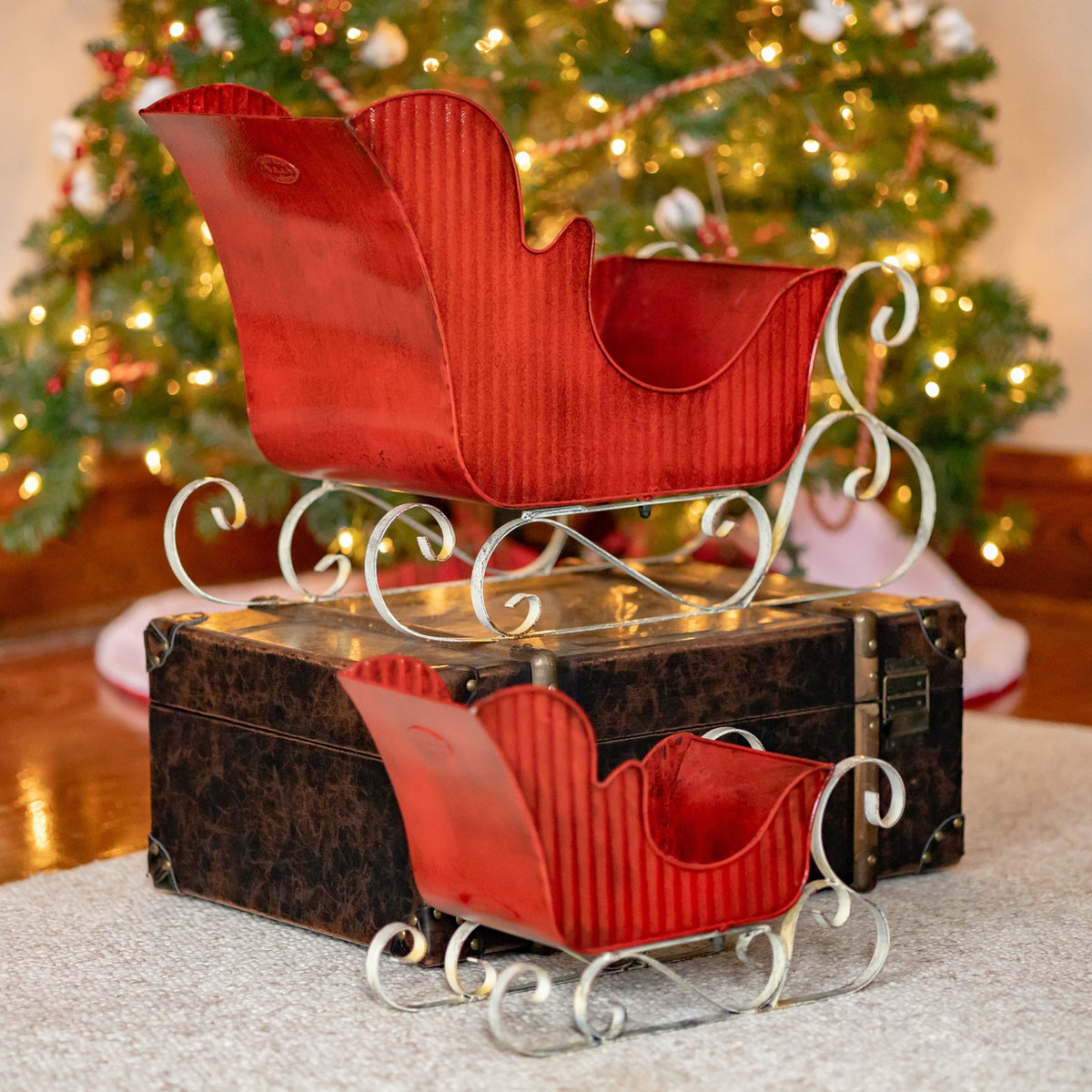 Set of 2 Victorian Style Red Iron Sleighs