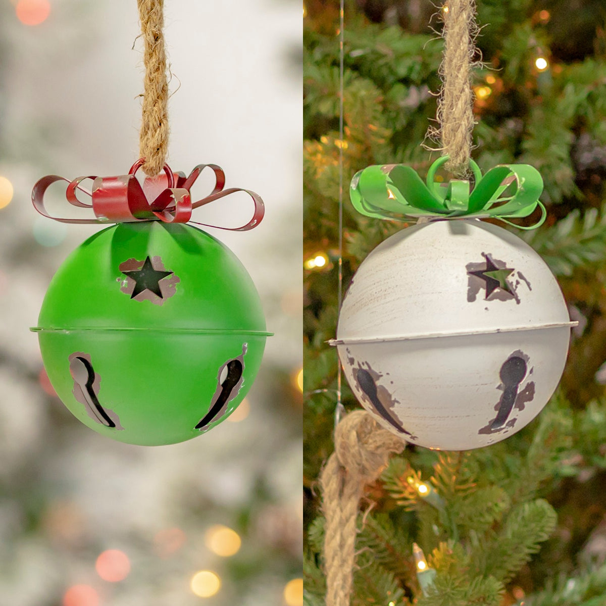 Green and distressed cream hanging bells with bows shown side by side