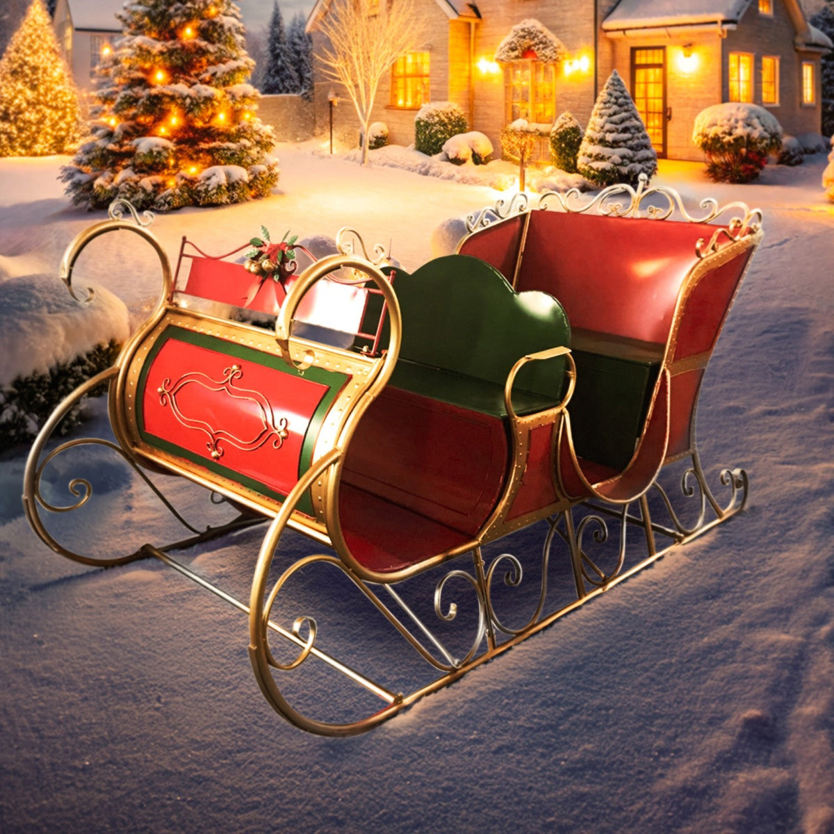 Close angled view of the red and green sleigh against a snowy holiday setting