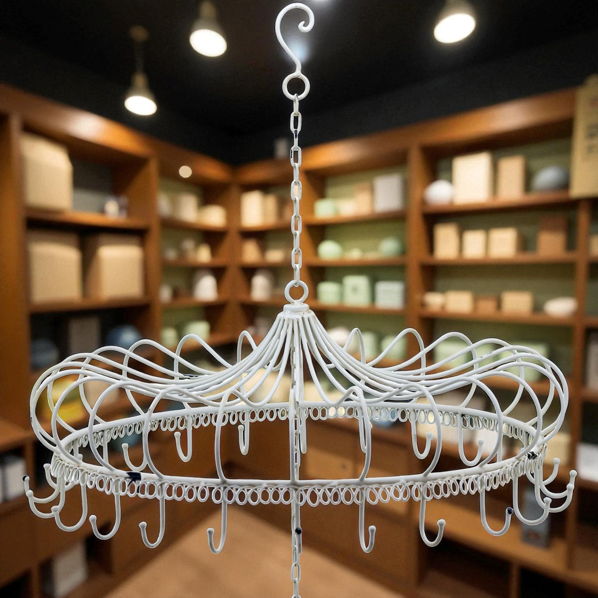 White circular metal frame with rows of curved hooks hanging from a chain