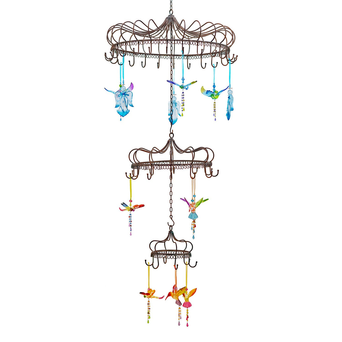 Three-tier iron hanging display with colorful ornaments on a white background