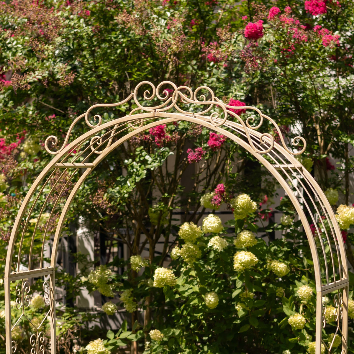 Upper arch detail showing ornate iron scrollwork against flowering shrubs