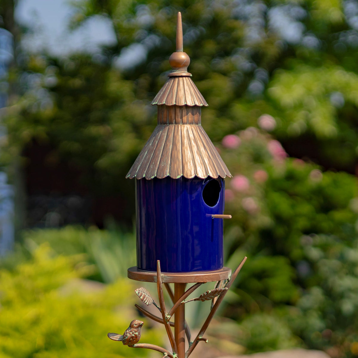 69" Tall Iron & Porcelain Birdhouse Stake "Cannes"