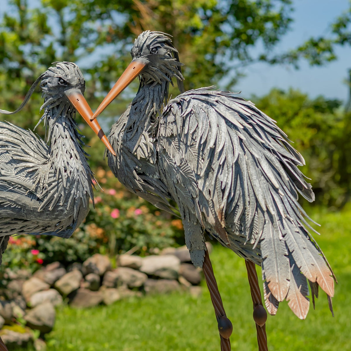 Set of 2 Great Blue Heron Metal Outdoor Figurines