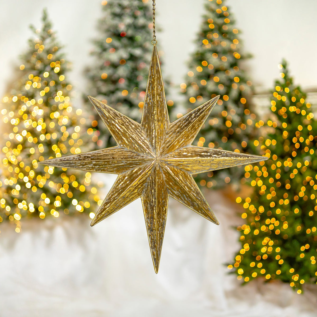 A large, ridged gold star hangs centered between glowing Christmas trees.
