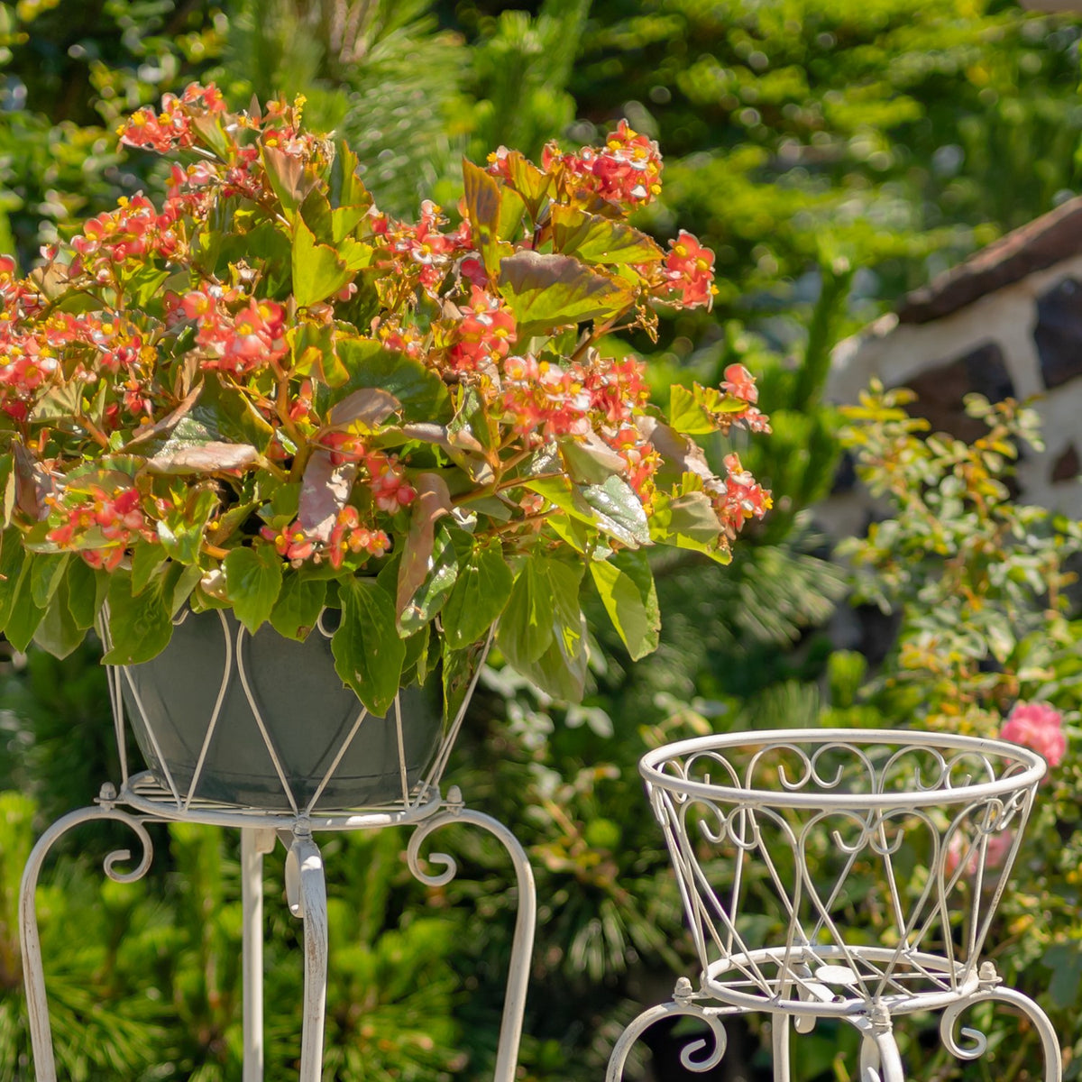 Close view of the stands’ decorative wire baskets, with flowers filling one and the other empty.