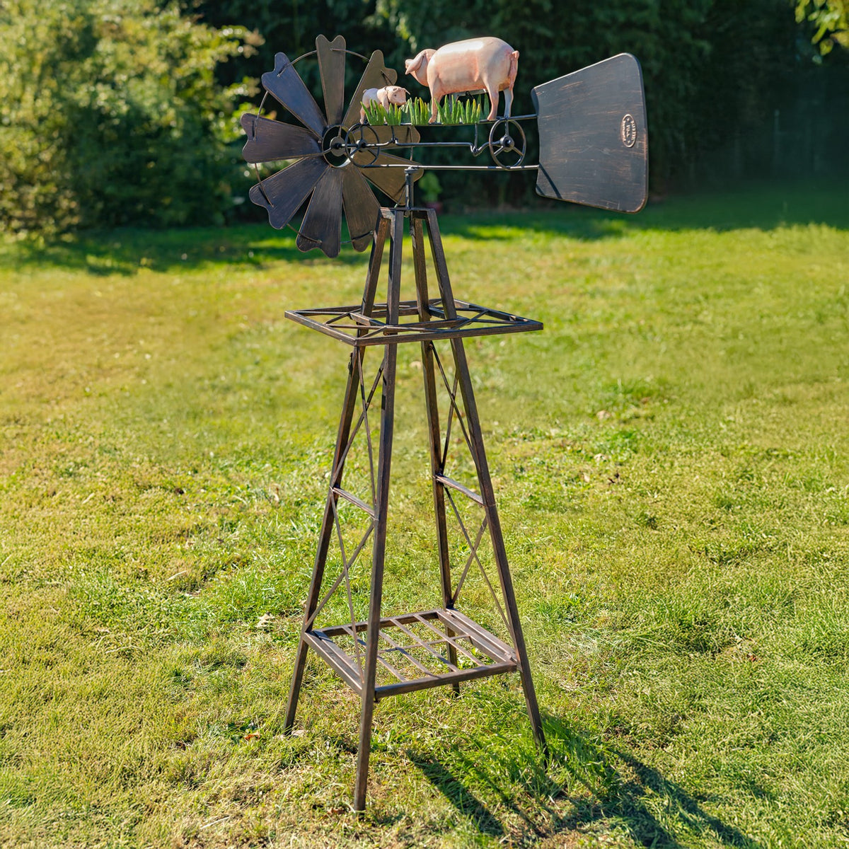 59.8" Tall Iron Windmill with Pig Family on Weather Vane