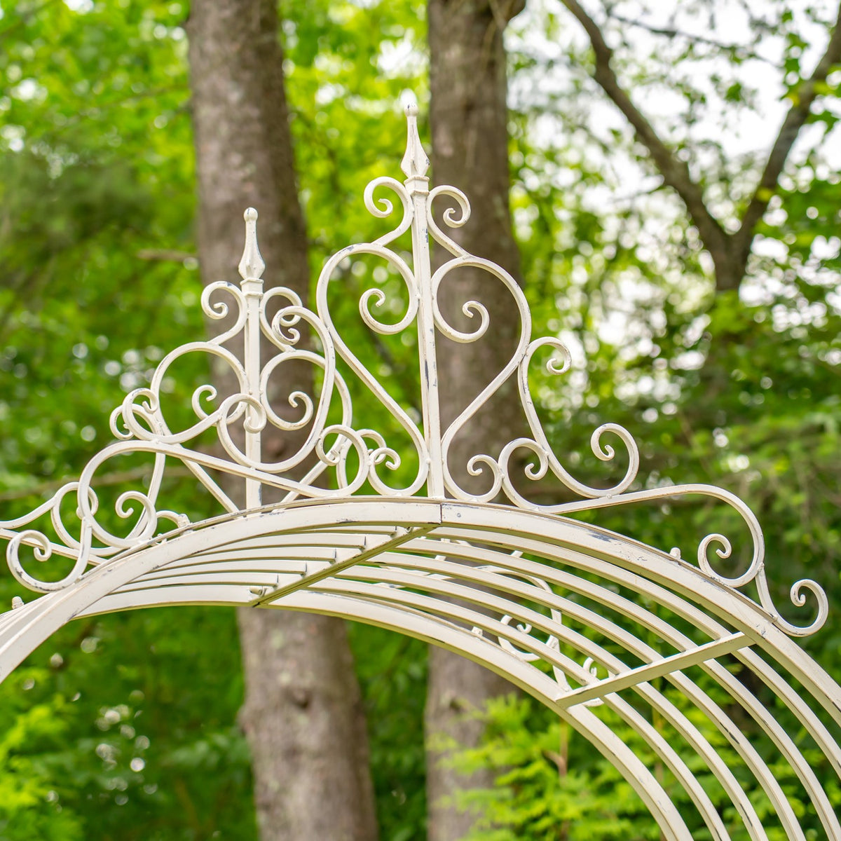 Close-up of the white arch’s curved ribs and intricate scrollwork crest against trees.