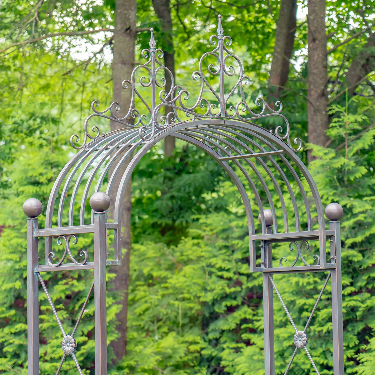 Ornate metal garden arch with curling scrollwork stands among trees and green foliage.