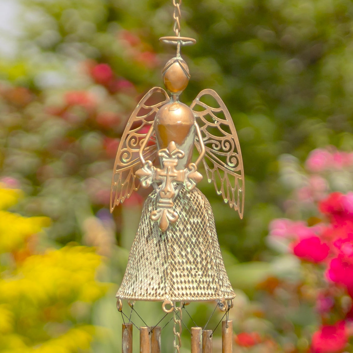 Set of 3 Assorted Hanging Antique Copper Angel Wind Chimes "Angelica, Angela & Angelette"