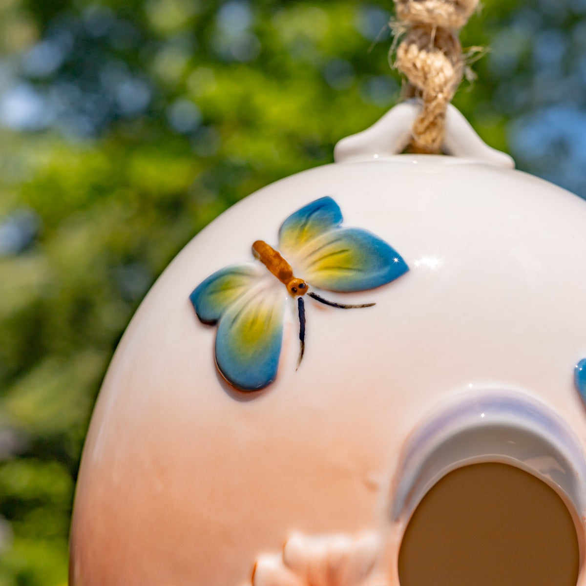 Close-up of a blue and yellow raised butterfly on the birdhouse beside its entrance.