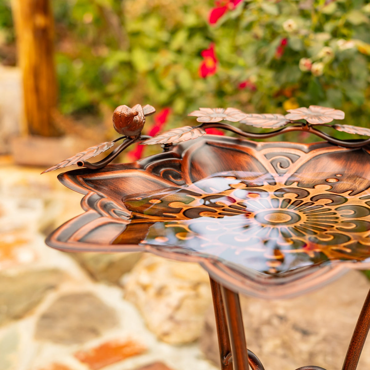 28" Tall Mandala-Shaped Birdbath and Trifold Stand in Antique Bronze "Zina"