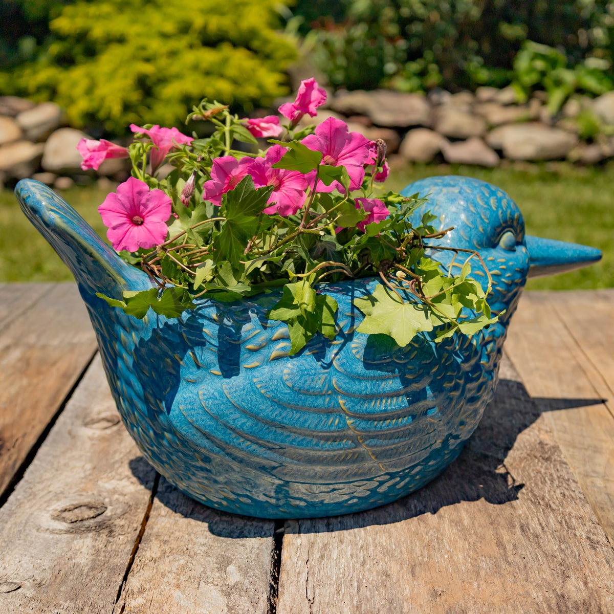 17.5" Hand Painted Ceramic Bird Planter in Blue