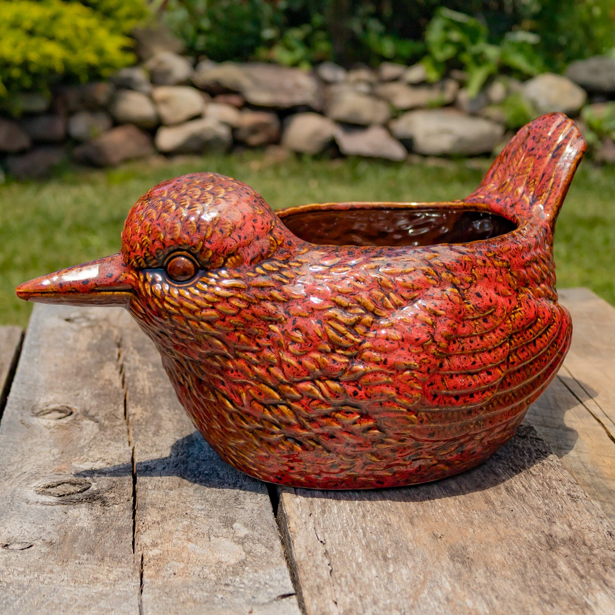 17.5" Hand Painted Ceramic Bird Planter in Red