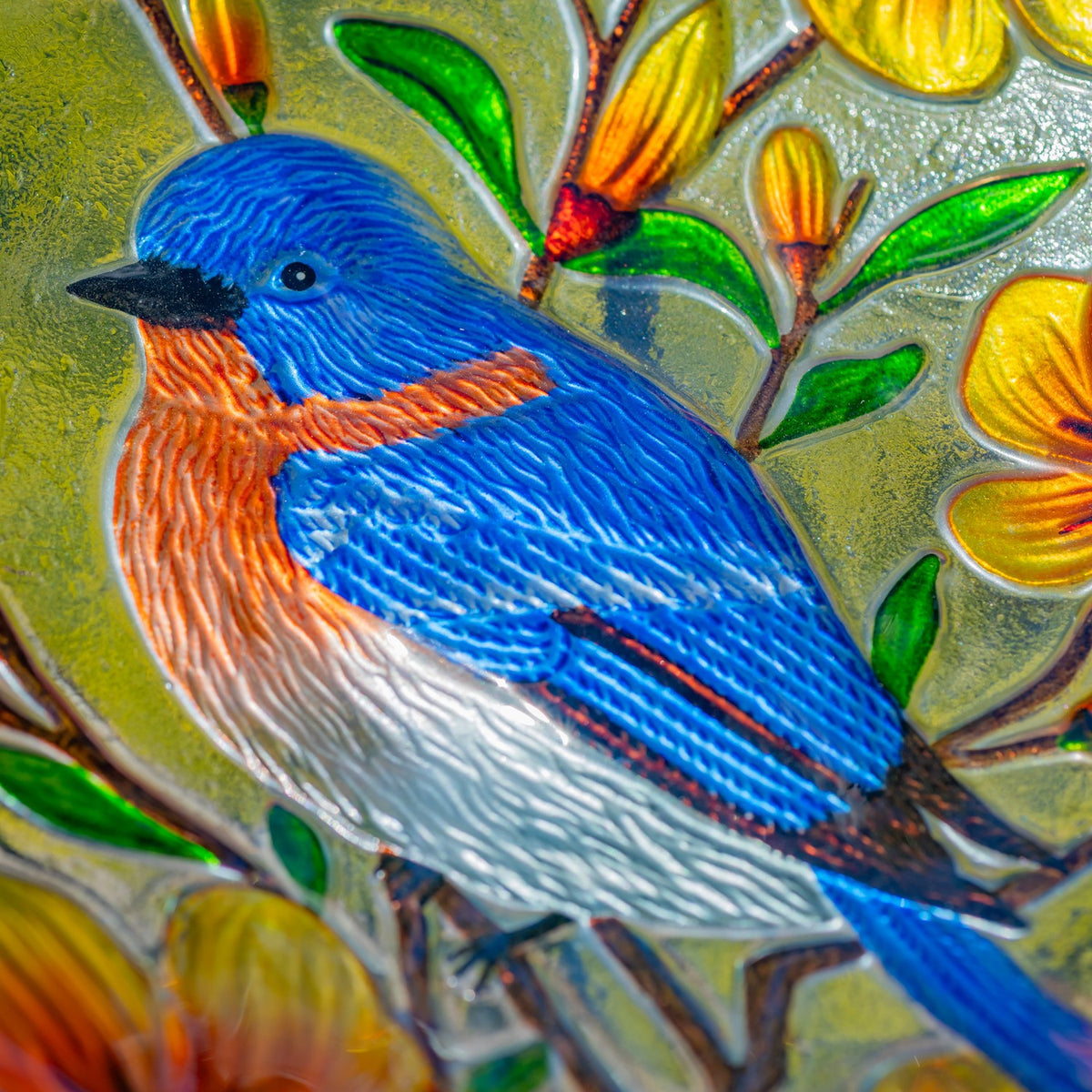Close-up of the raised bluebird design, showing textured feathers and orange, white, and blue coloring.