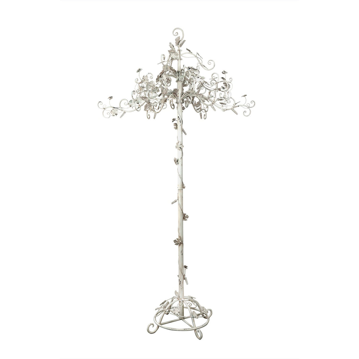 The white iron display tree shown alone, from its curled branches down to its circular base.