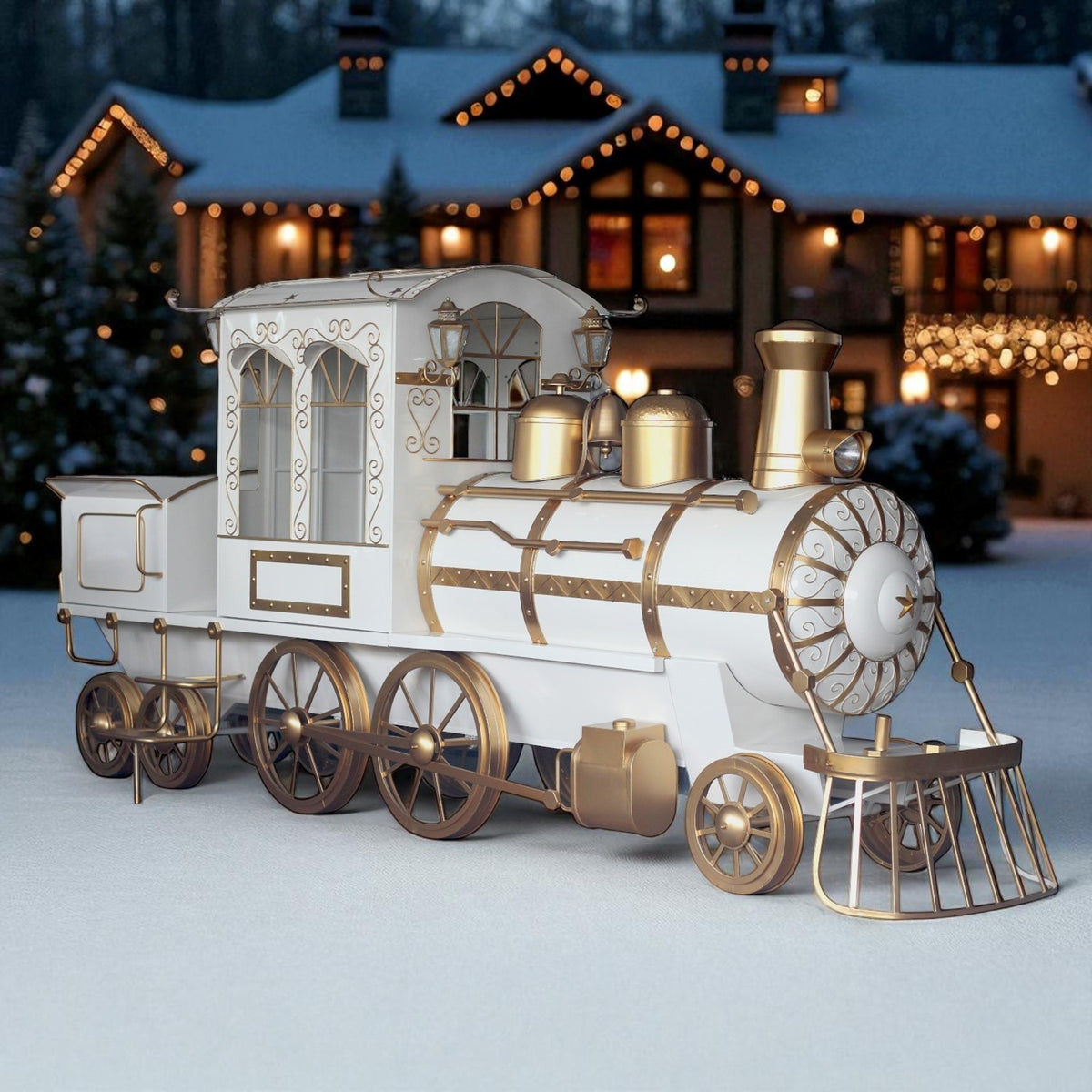 White and gold train display sits in snow in front of a warmly lit house at dusk.