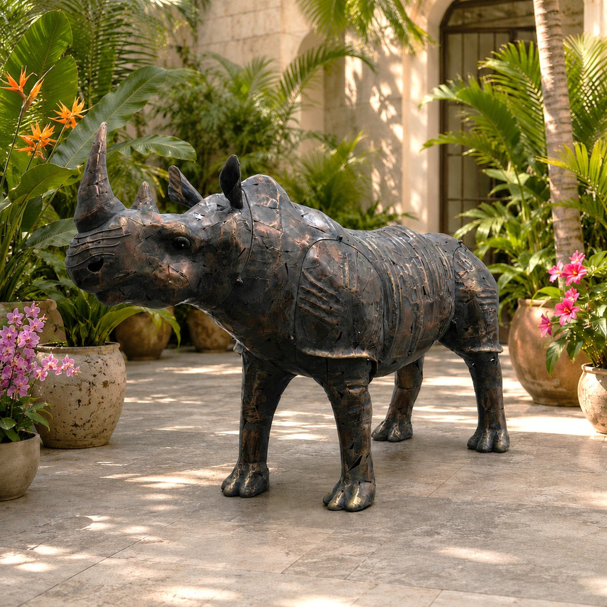 Dark iron rhinoceros statue displayed among tropical plants on a sunny patio