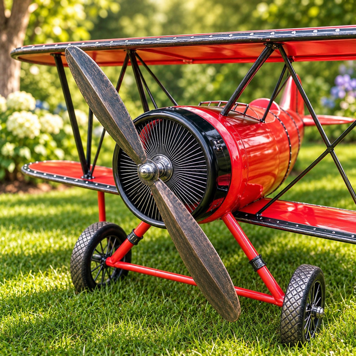 Close-up of the biplane's propeller, engine and red wings