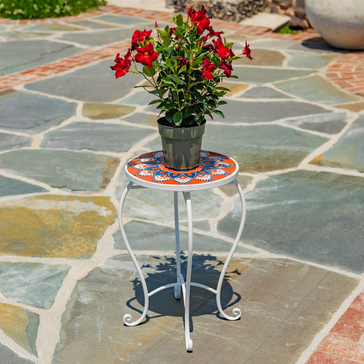 "Tivoli" 22" Tall Mosaic Pedestal Plant Stand - White/Red