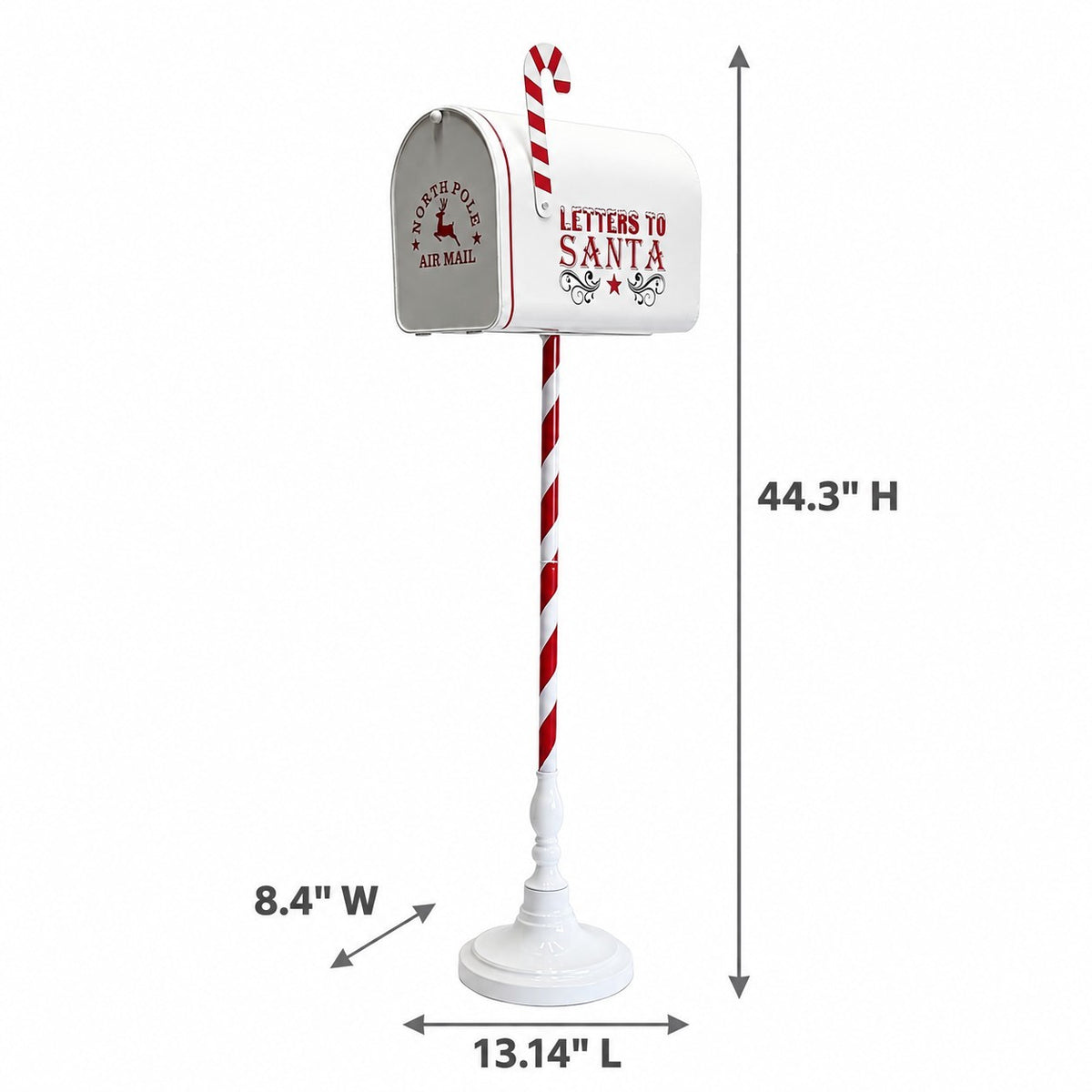 White mailbox with a striped stand on a plain background, shown with measurement arrows.