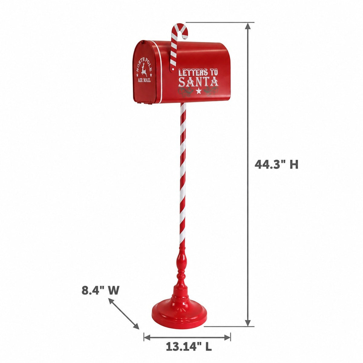 Red mailbox on a striped stand shown against a white background with measurement arrows.