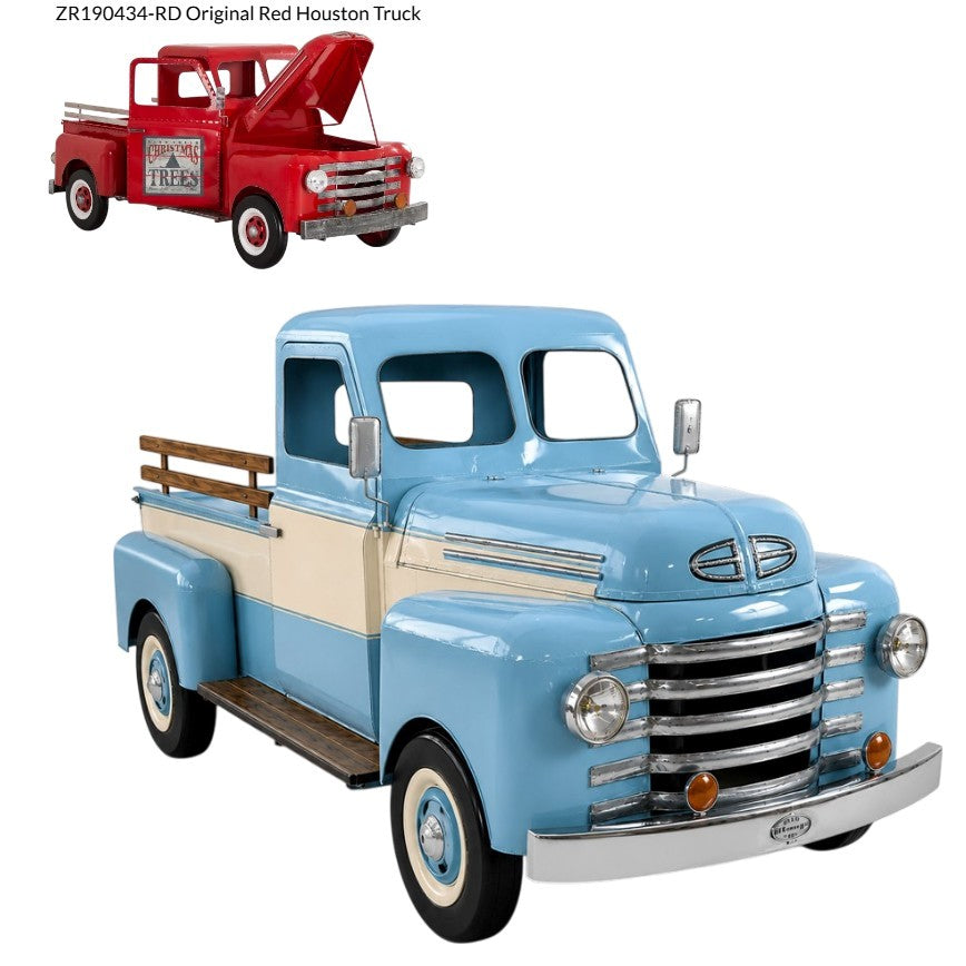 Large light blue pickup shown below a smaller red truck with its hood raised.
