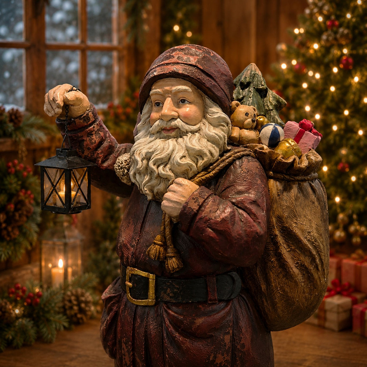 Angled view of Santa figurine holding a lantern and carrying a gift sack