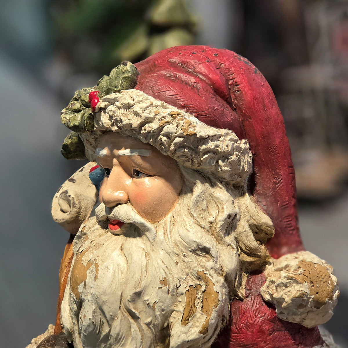 Side profile close-up showing Santa's beard and red hat