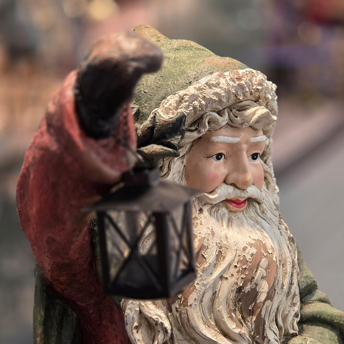 Close-up of Santa's face and raised black lantern