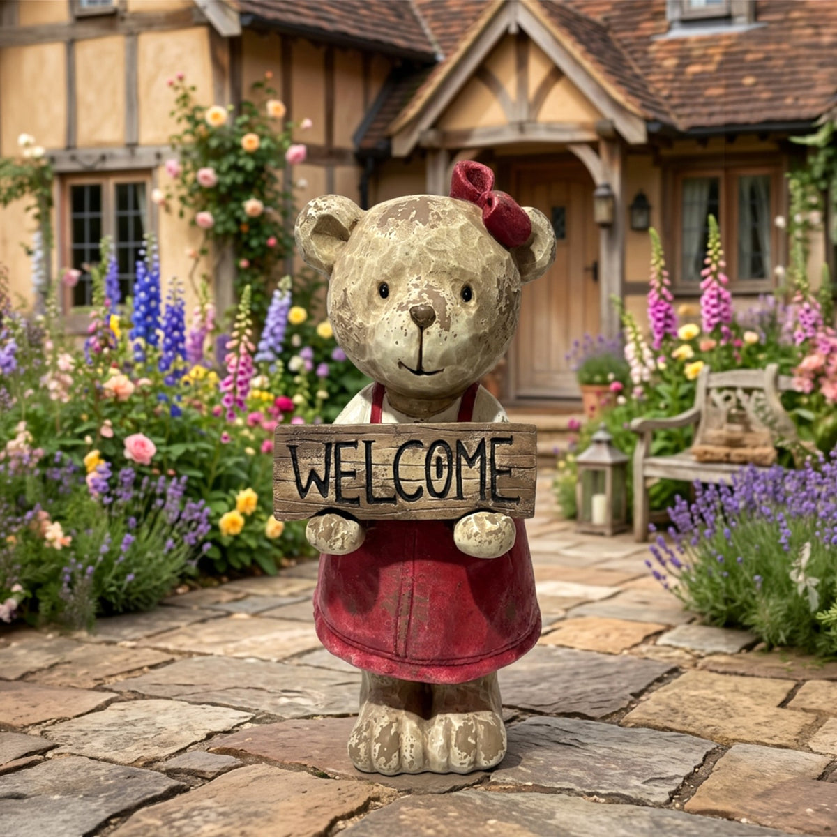 Front view of a brown teddy bear figurine in a red dress holding a welcome sign outside a cottage