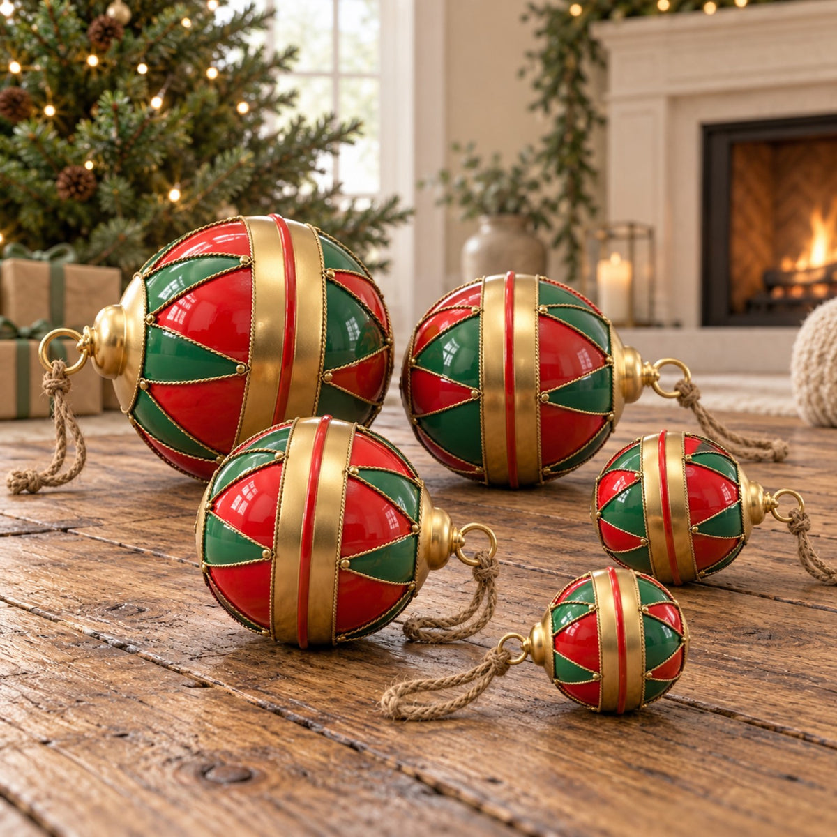 Five red and green paneled metal ornaments with gold bands arranged on a wooden floor near a Christmas tree.