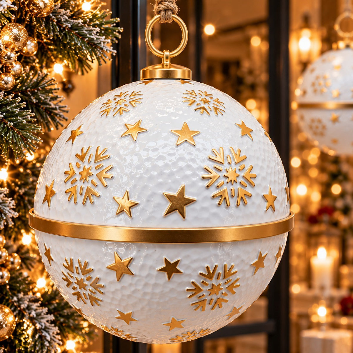 Close-up of a white ornament with raised gold stars, snowflakes, a gold center band, and hanging ring.