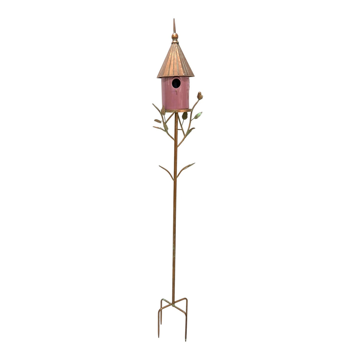Full-length birdhouse stake shown against white, including its long stem and pointed ground prongs.