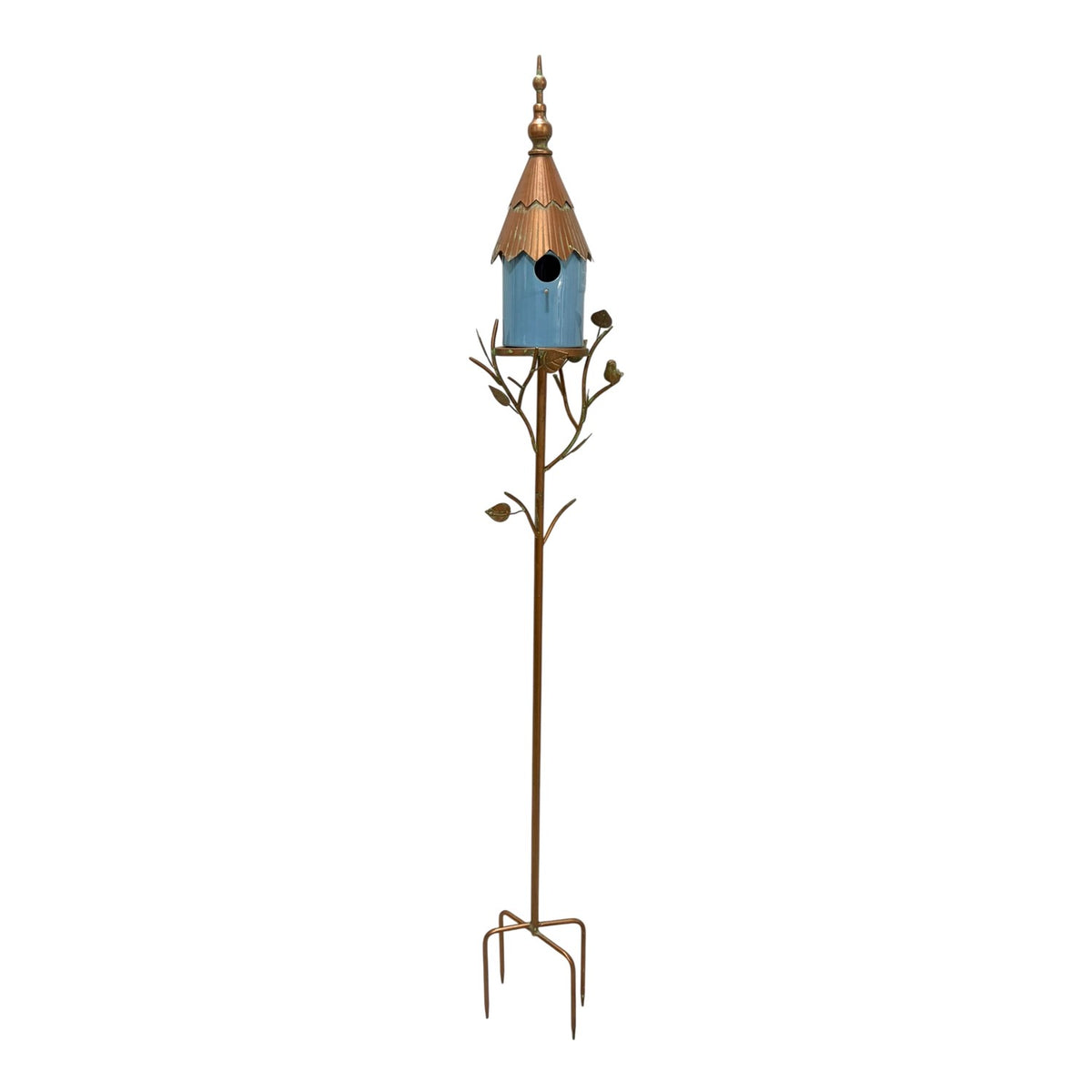 Full-length birdhouse stake with a long metal stem, decorative branches, and a pointed ground stake.