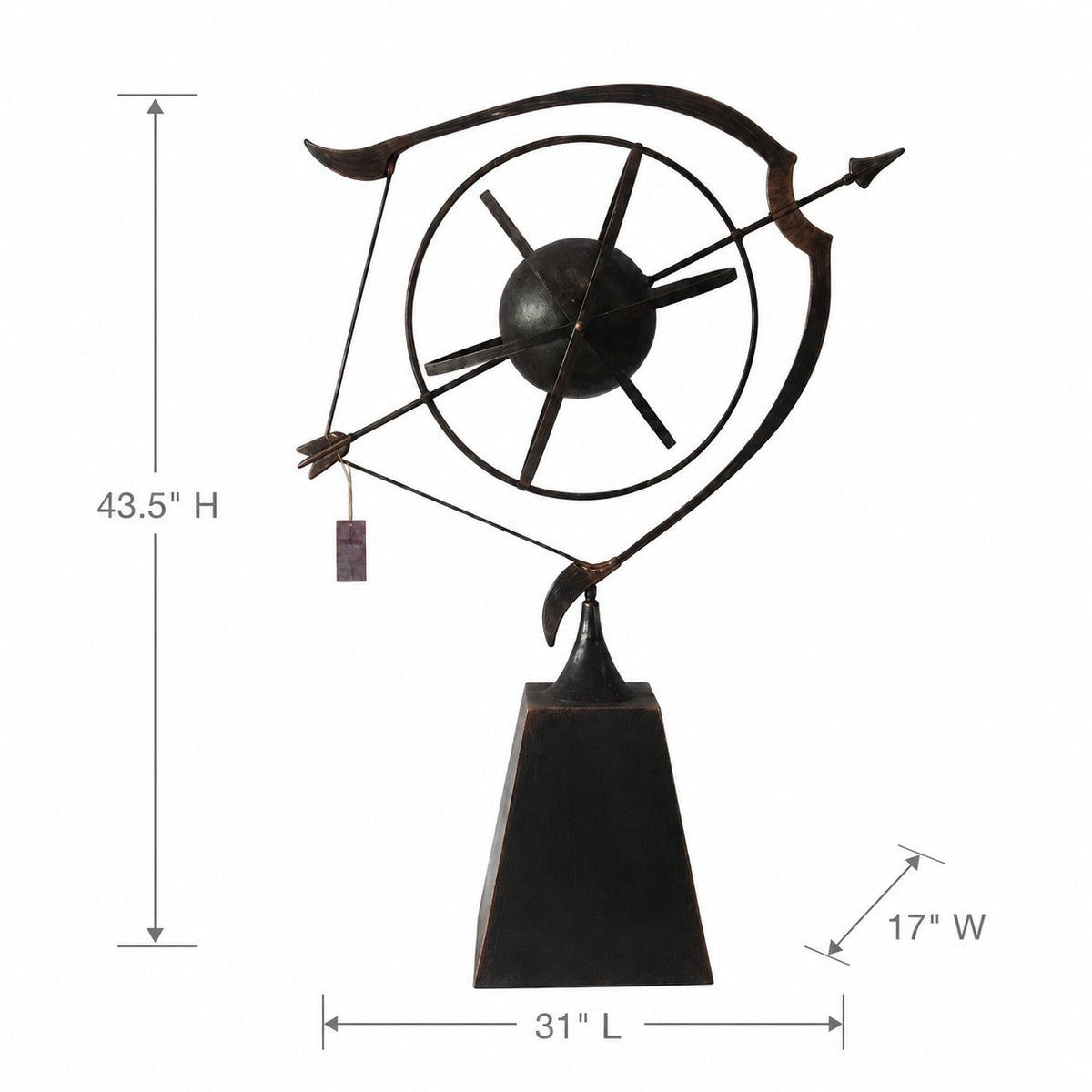 Metal bow-and-arrow sculpture with measurement arrows around it on a white background.