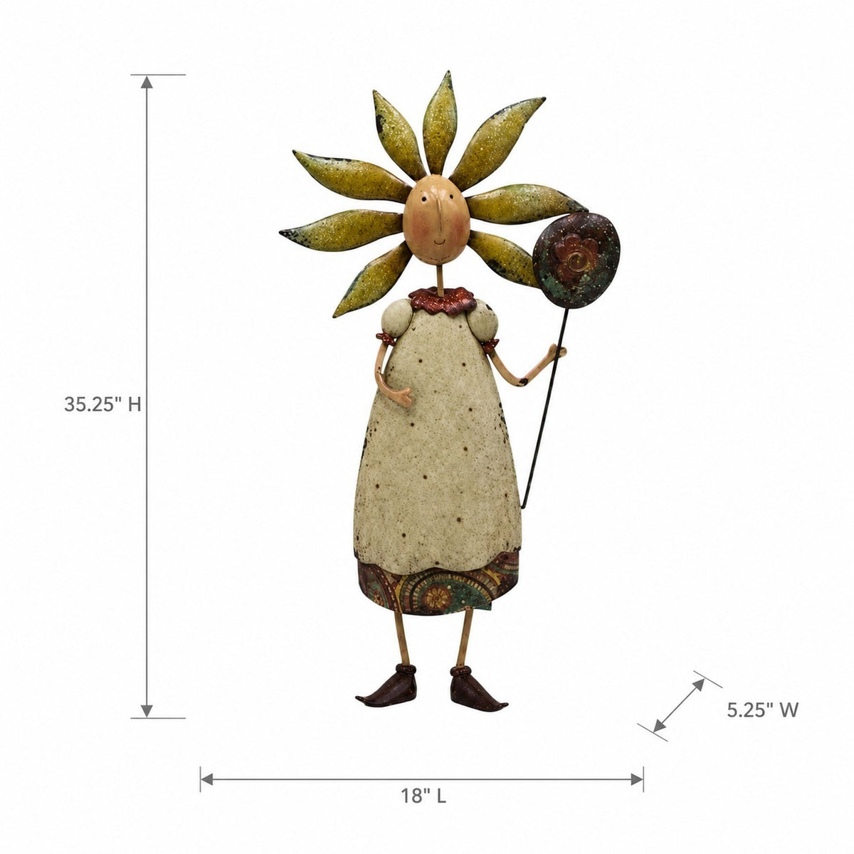 Flower-headed metal lady figurine shown with arrows marking its height, length, and width.