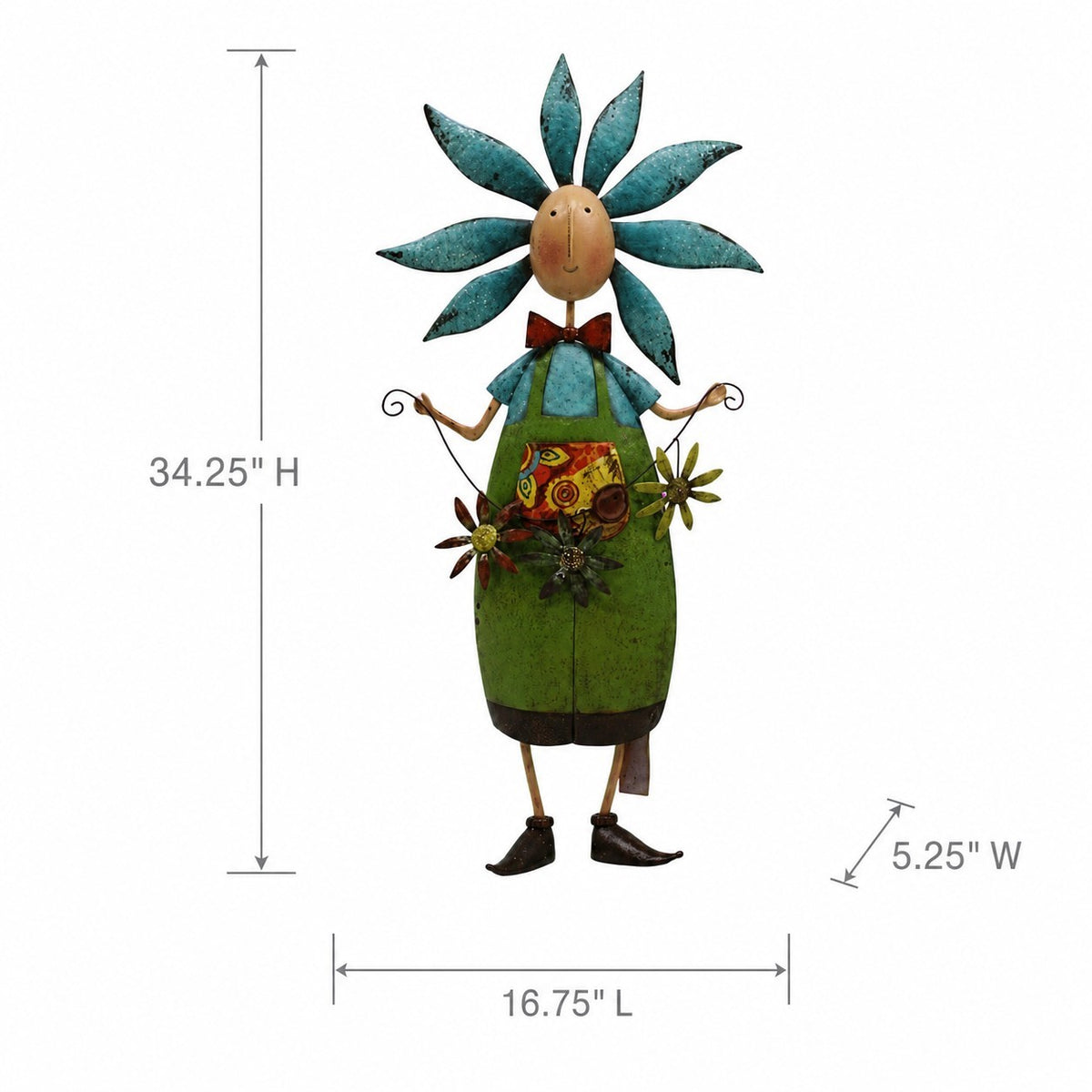 Front view of the flower figure with arrows marking its height, width, and depth.