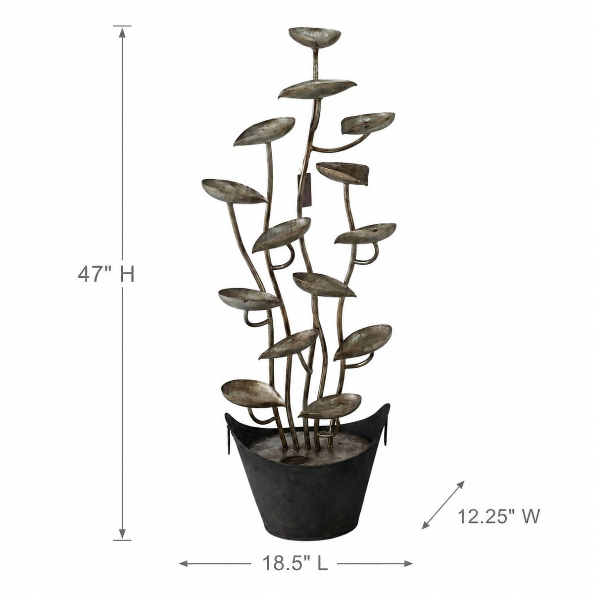 Metal leaf-bowl fountain shown with measurement arrows for height, length, and width.
