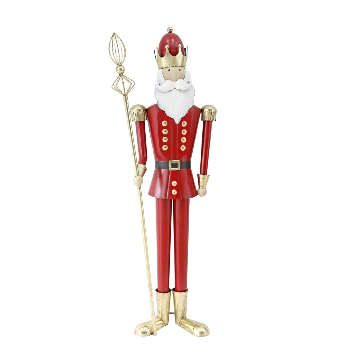 Full-length red-and-gold king figurine holding a decorative staff against a white background.