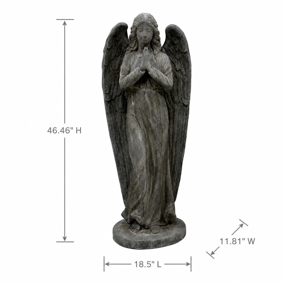 Gray angel statue shown with arrows marking its height, length, and width.