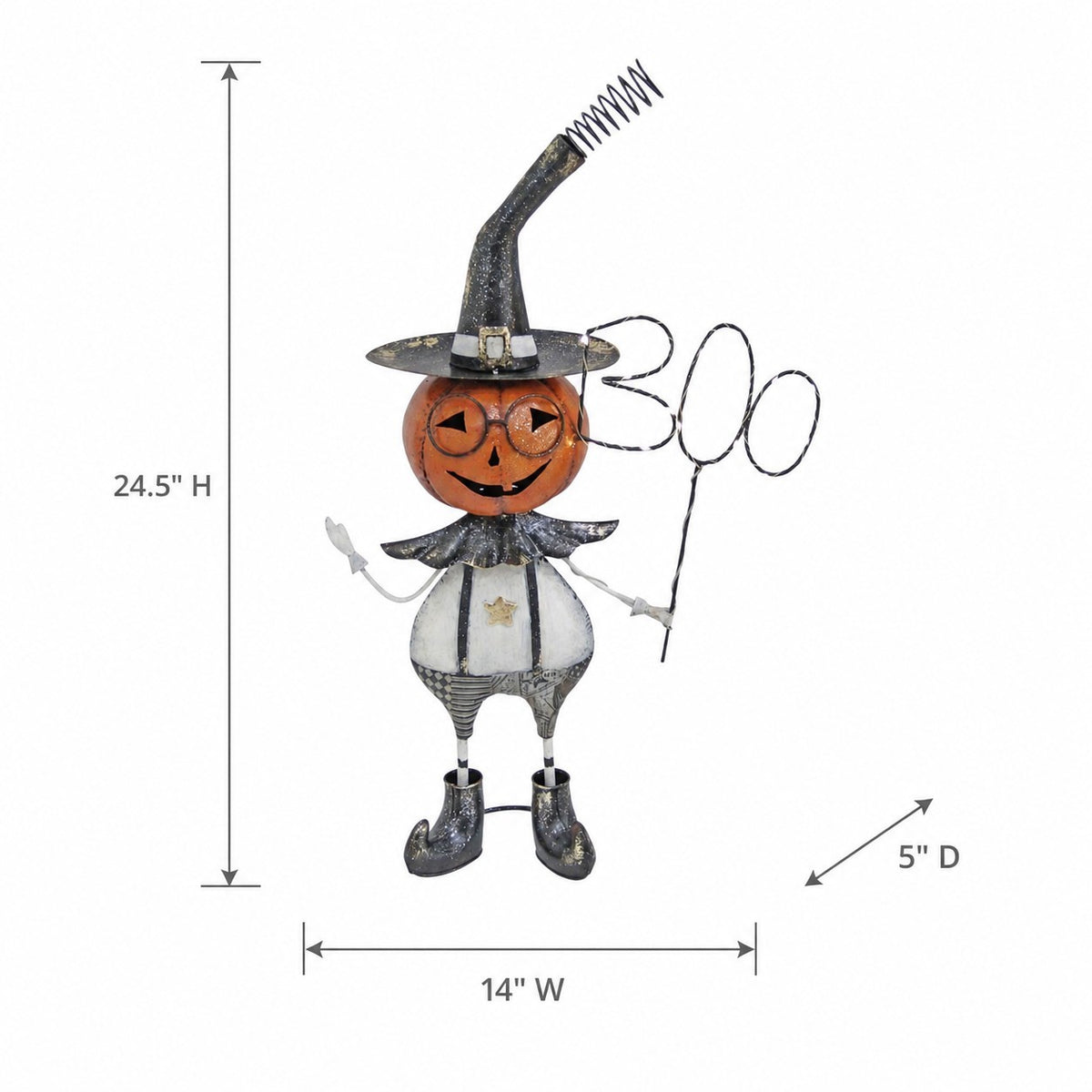 The pumpkin figure is shown with arrows marking its height, width and depth.