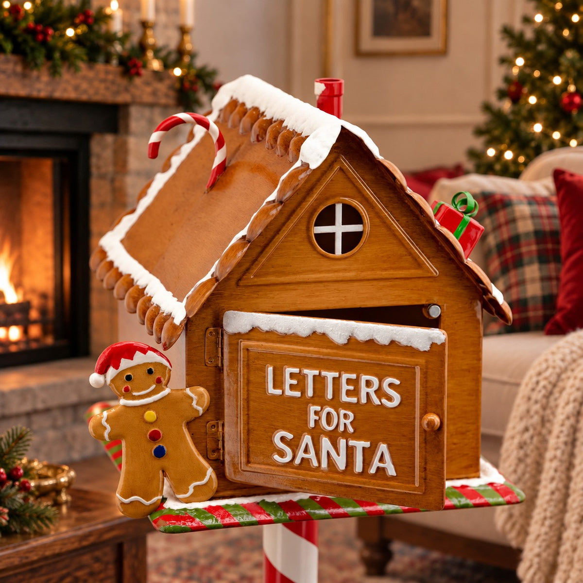 Angled close-up showing the mailbox roof, hanging candy cane, gingerbread figure, and striped shelf.
