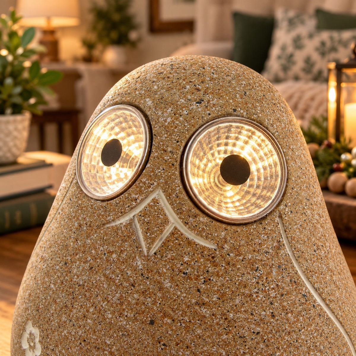Close-up of a bird ornament's textured surface, etched beak, and warmly glowing eyes.
