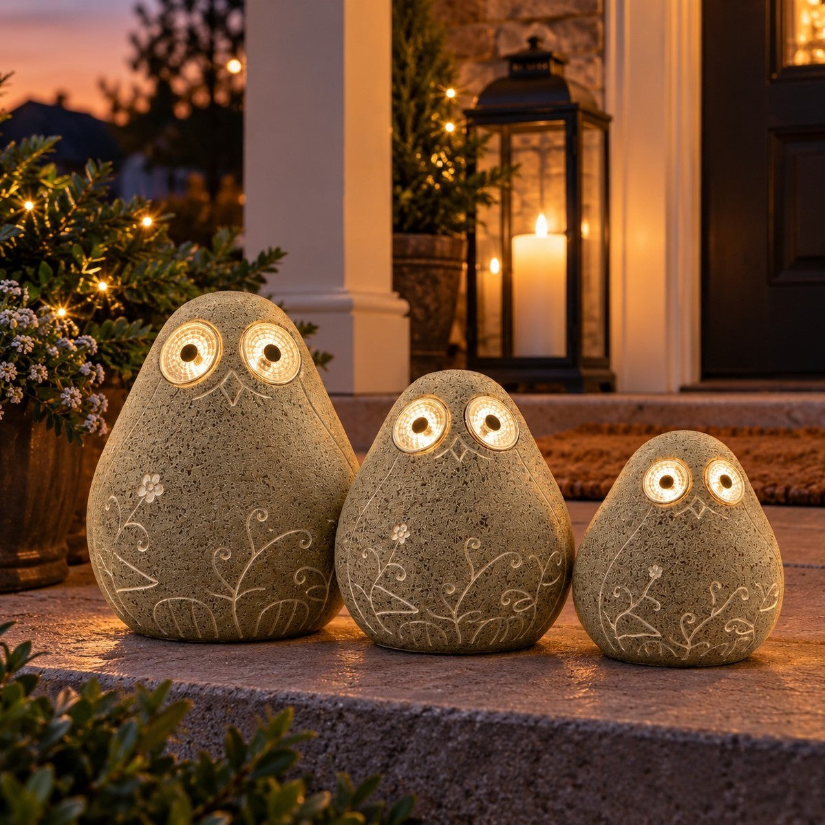 Three etched bird ornaments glow through their eyes on a porch at dusk.