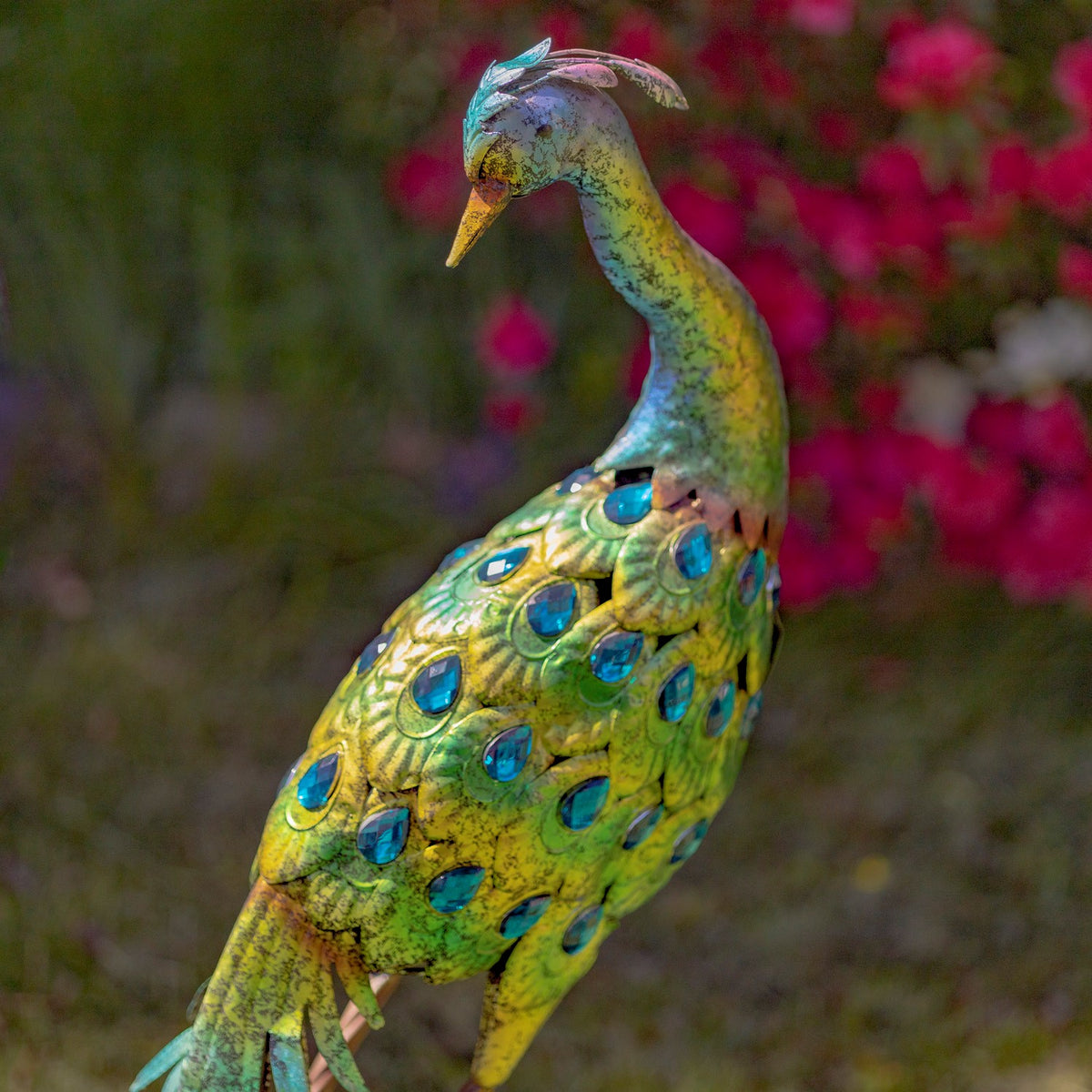 Angled close-up of a colorful peacock statue against a dark garden background
